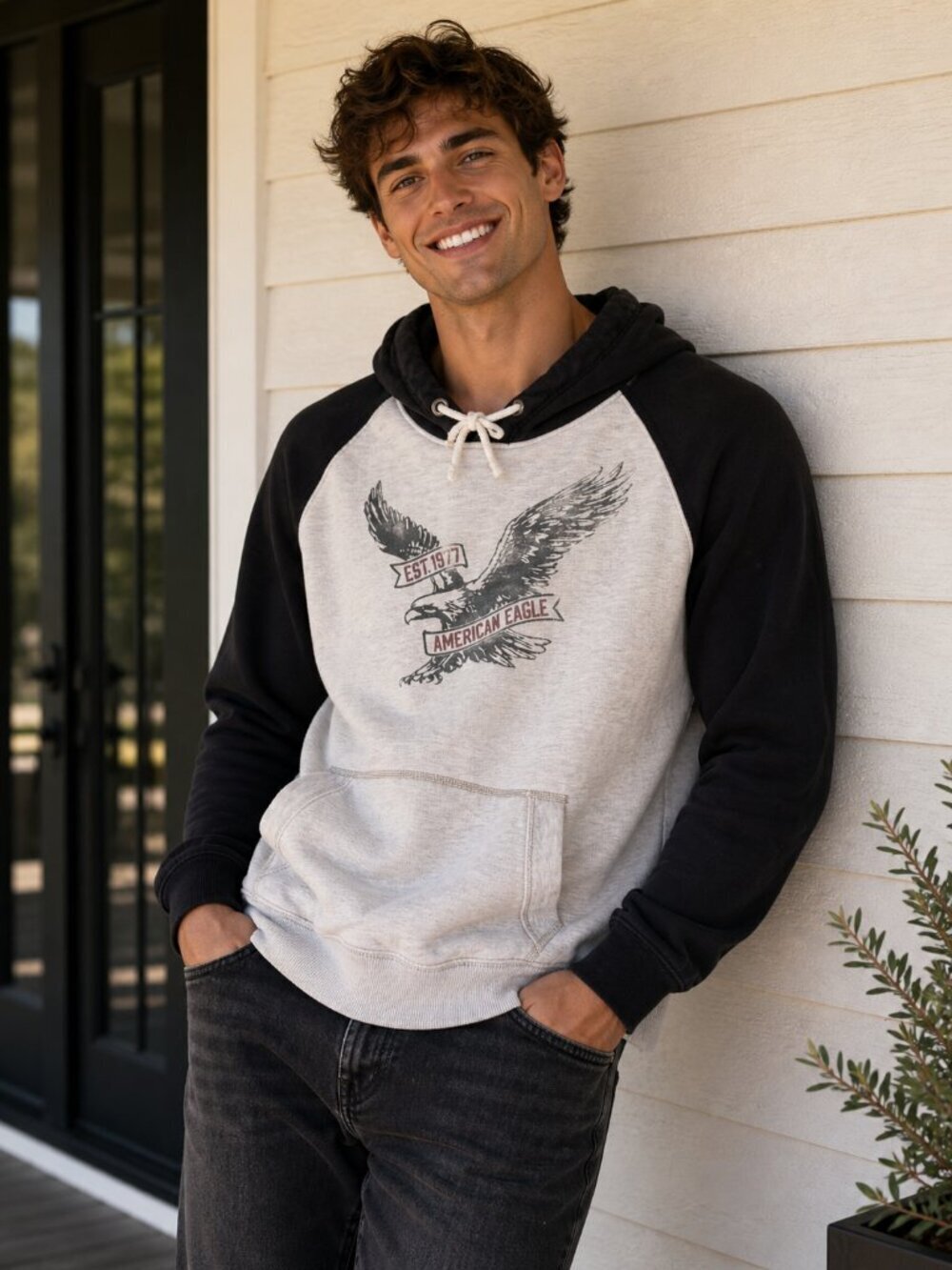American Eagle Outfitters Vintage Graphic Hoodie Gray Black Mens M Eagle Logo